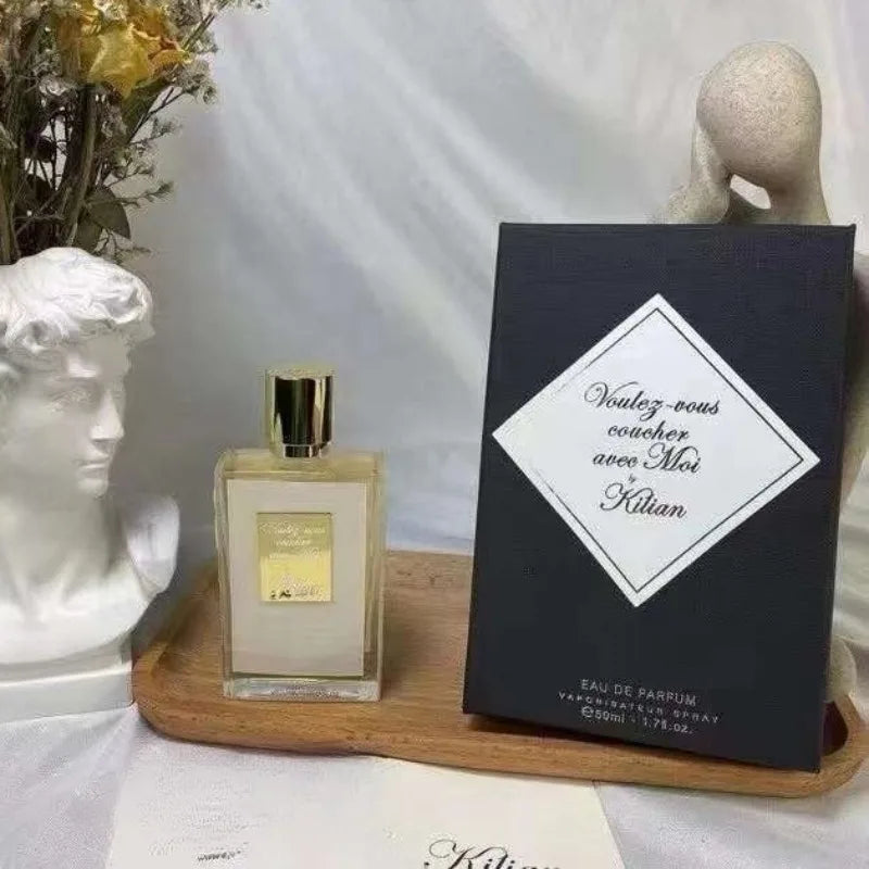 Kilian Voulez-vous coucher avec Moi EDP 50ml, unisex oriental woody floral niche fragrance in a square glass bottle.