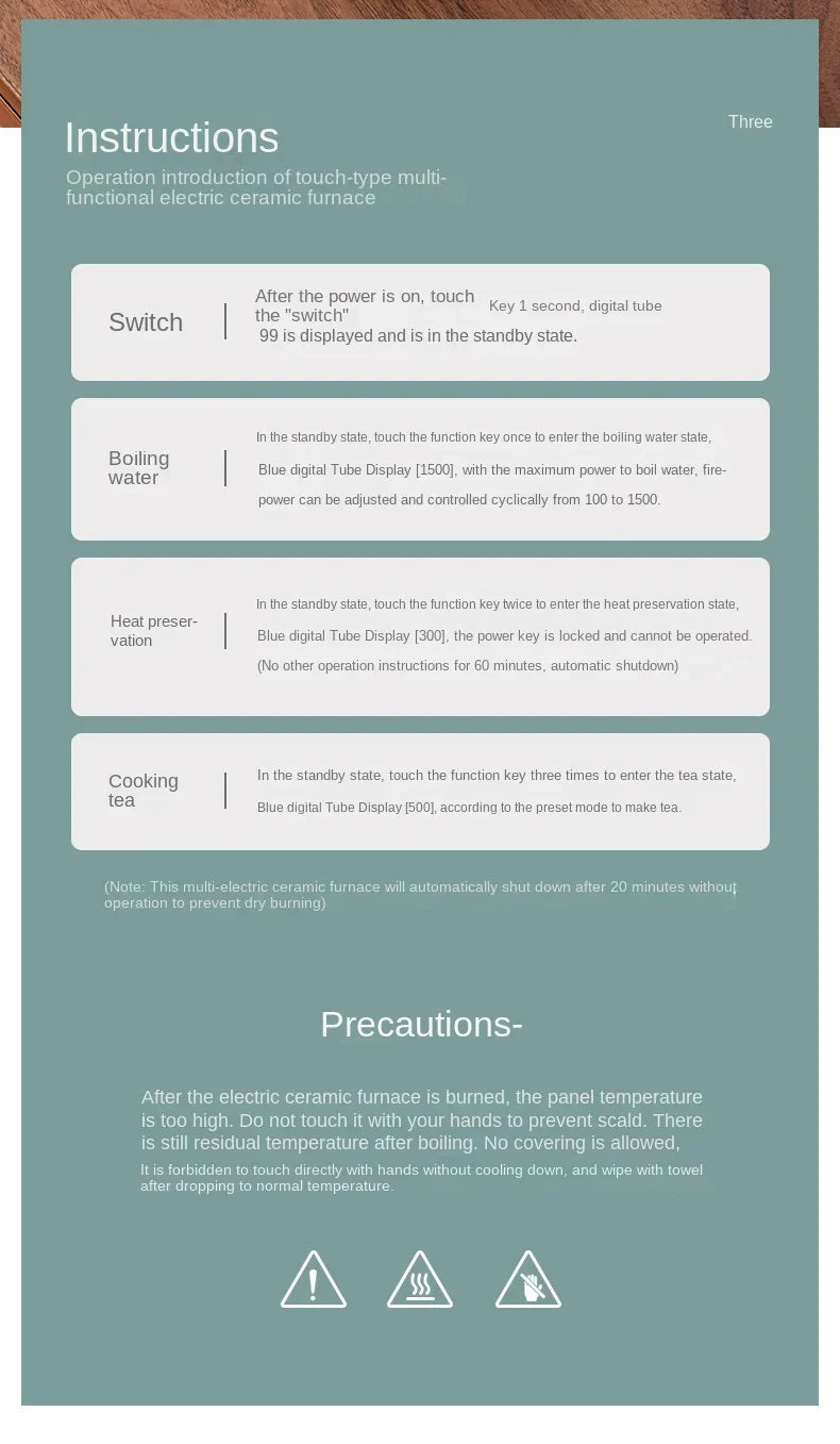Instruction card for a green multifunctional electric ceramic tea stove with digital display and safety warnings.