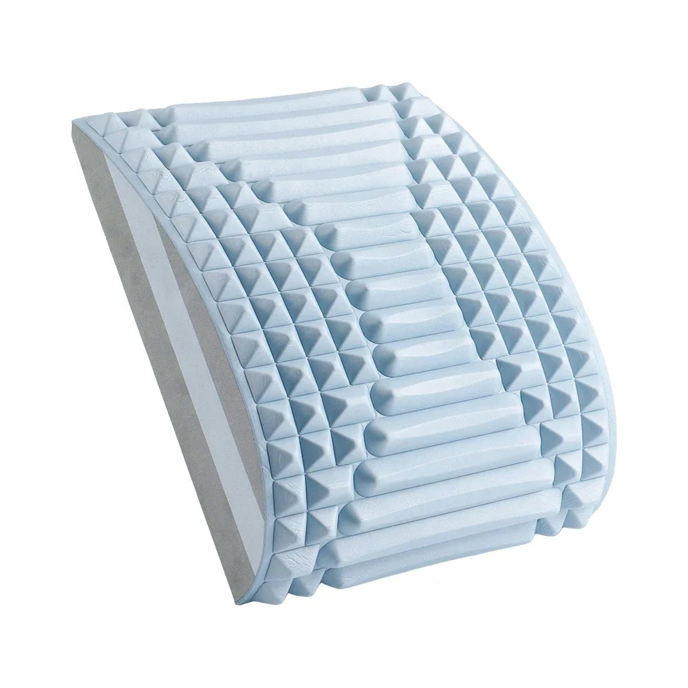 Light blue arched back stretcher with textured massage nodes and foam padding for spinal alignment and pain relief.