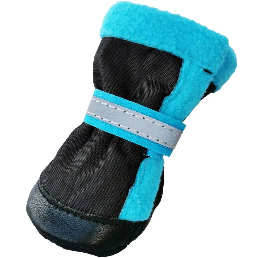 Reflective, anti-slip dog shoes in black and blue to protect pet paws during outdoor walks and winter weather.
