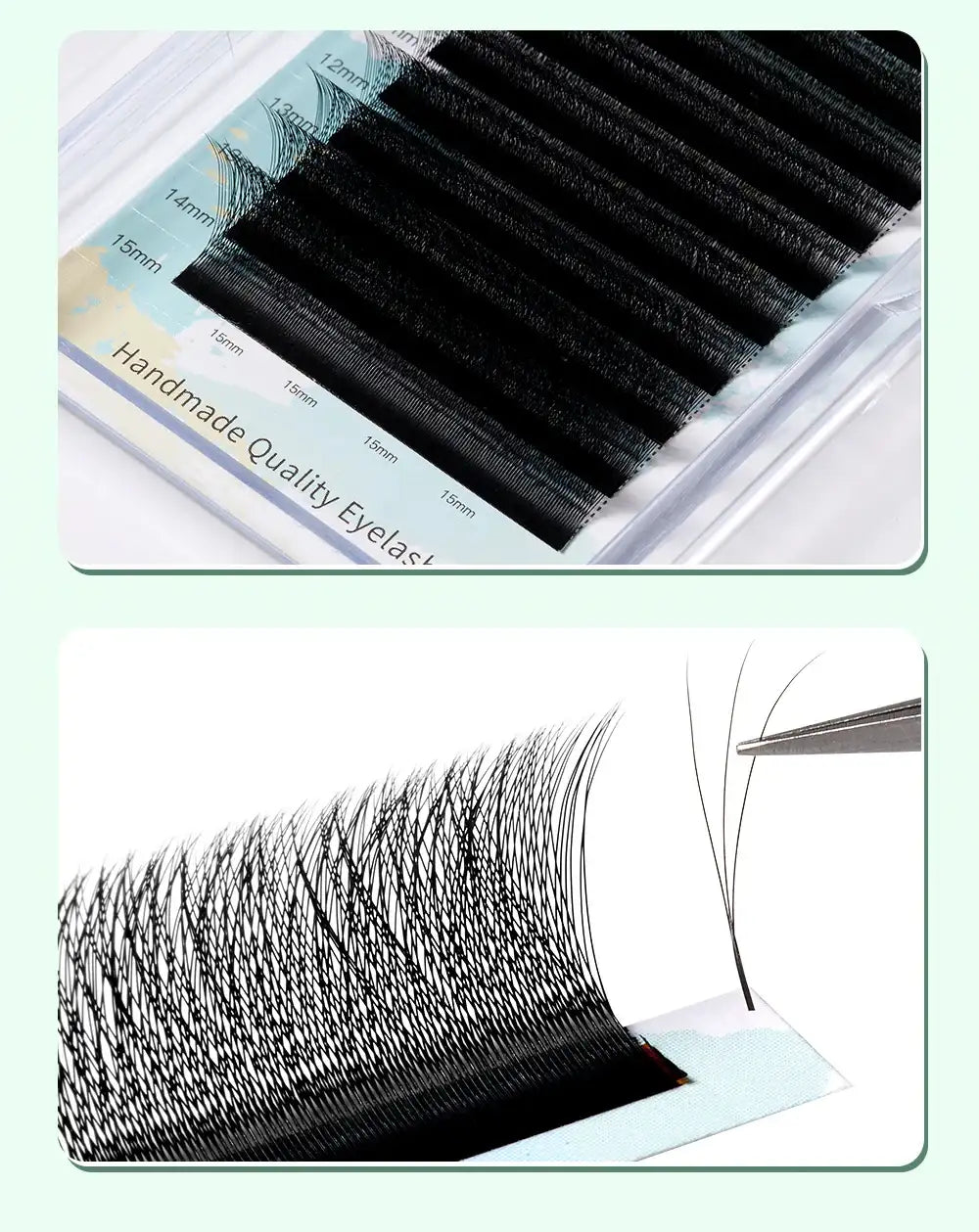 Black, soft 3D W-shape premade volume eyelash extensions in a labeled plastic tray with a tweezer displaying a fan.