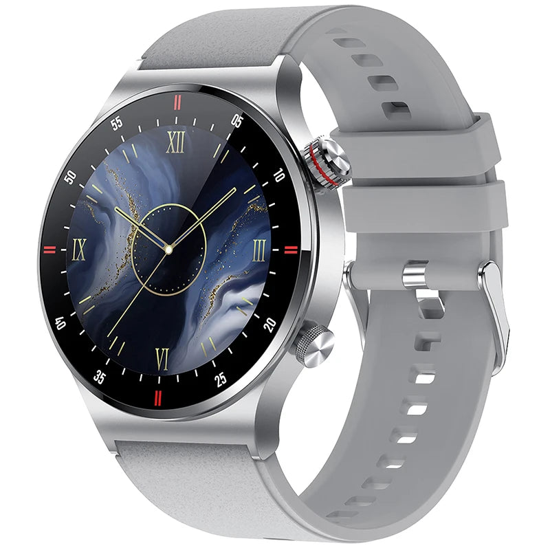 Men's smartwatch with silver case, light gray silicone strap, and blue moon dial