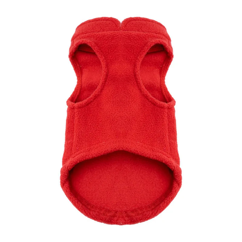 Warm red fleece dog vest sweater for small pets, perfect cozy autumn and winter coat for Chihuahuas and bulldogs.