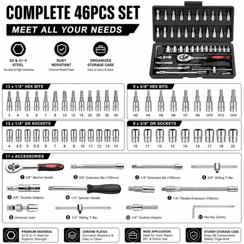 Professional 46pcs Cr-V Steel Socket Set with Ratchet Wrench Storage Bag Durable Sockets Extension Bar for Auto Home Repair Tool