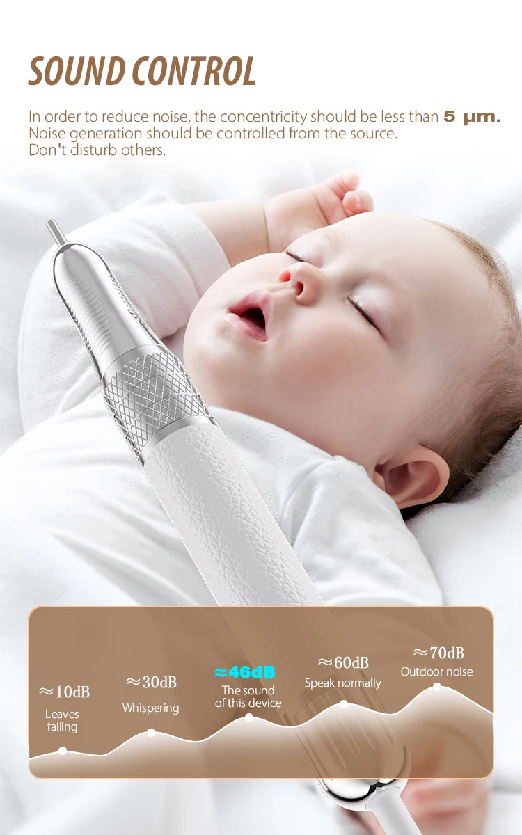 Quiet 40000RPM rechargeable manicure nail drill with low-noise white handheld design, perfect for home salon use.