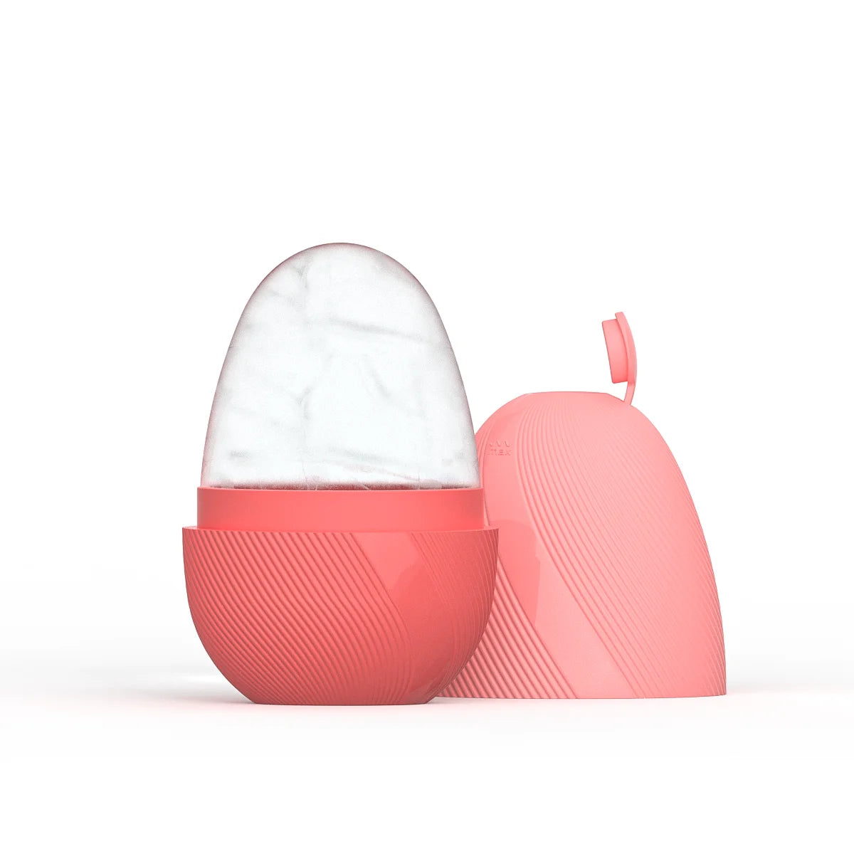 A pink, egg-shaped silicone ice roller with a textured base and matching lid, shown with a clear, frozen ice core.