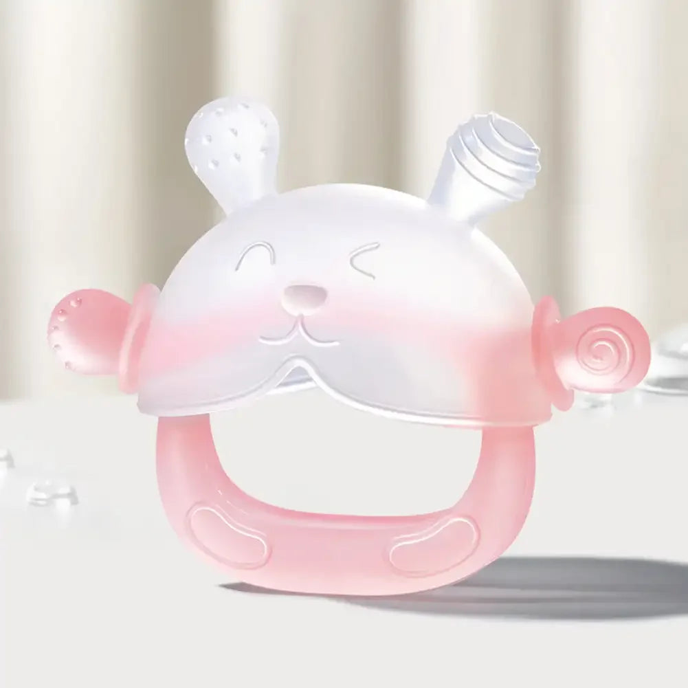 Pink silicone baby teething toy for soothing relief.