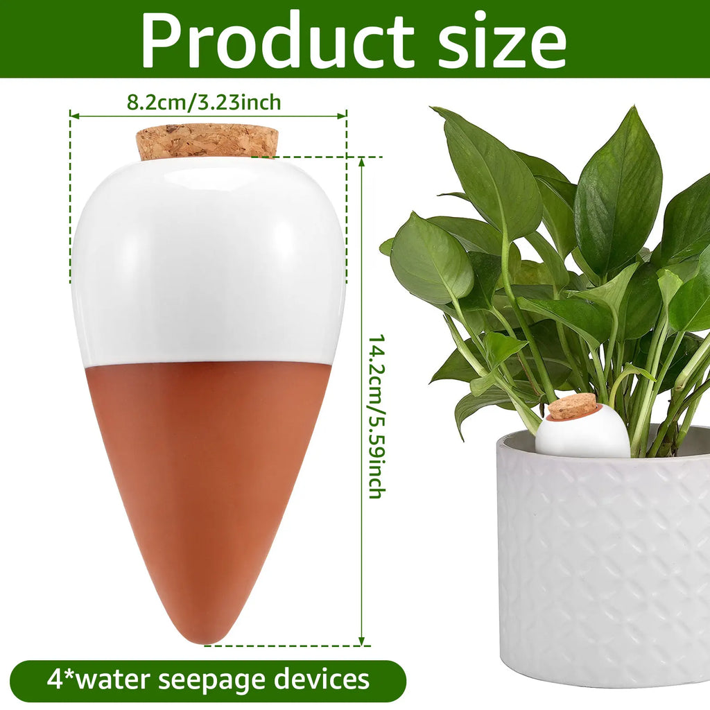 Ceramic self-watering watering spike size diagram, white top and terracotta cone with cork plug