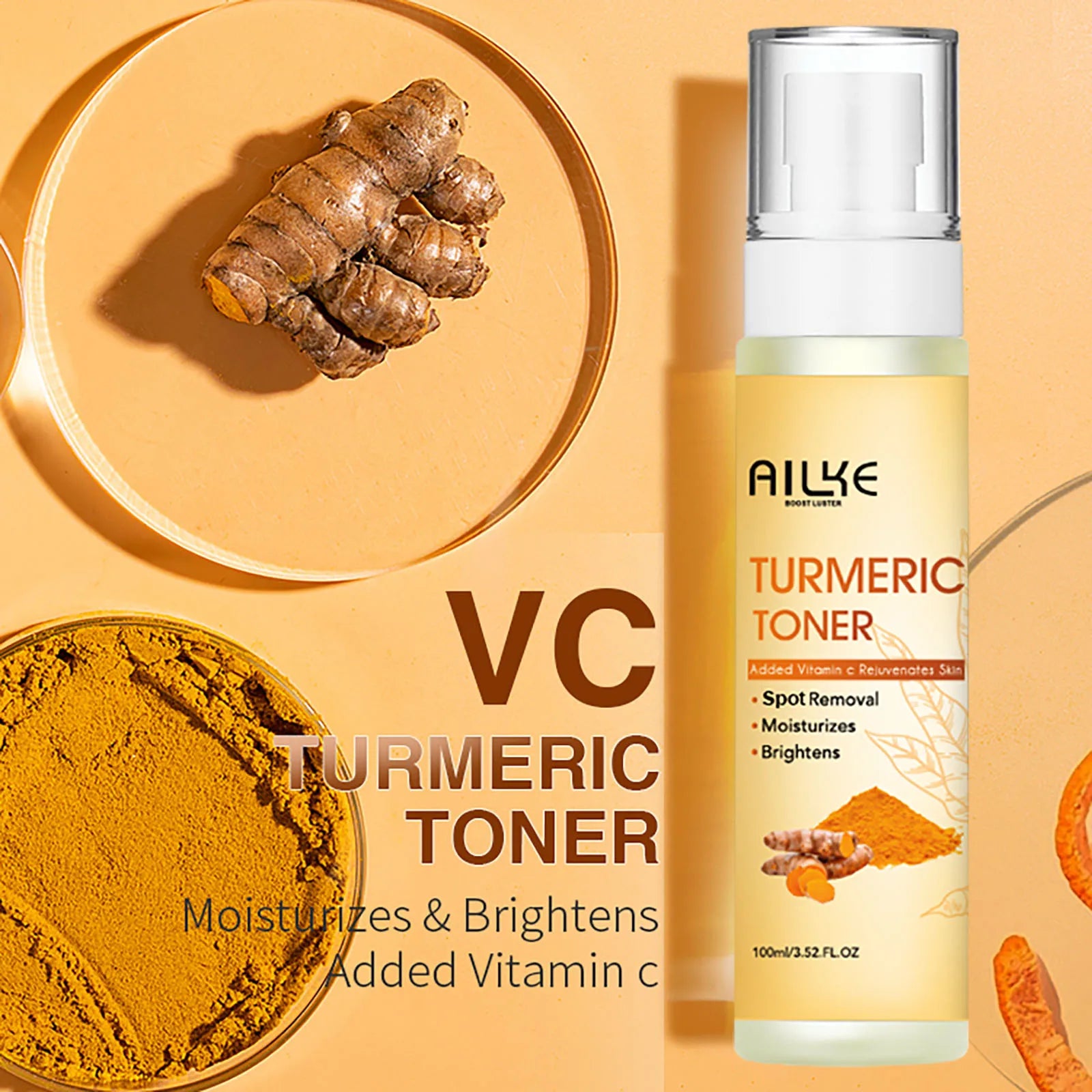 Turmeric toner bottle with VC label and turmeric powder on a dish
