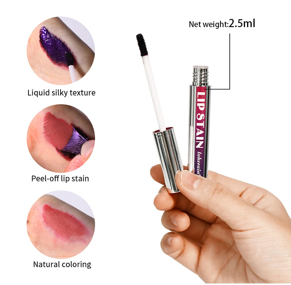 Lakerain peel-off lip stain with silky liquid texture, matte finish, and waterproof natural color swatch.