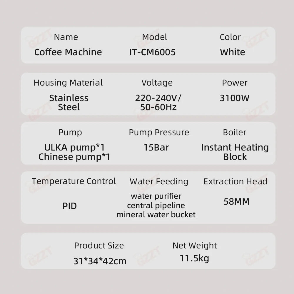 GZZT IT-CM6005 white stainless steel espresso coffee machine specification table with 58mm head and 15-bar pump.