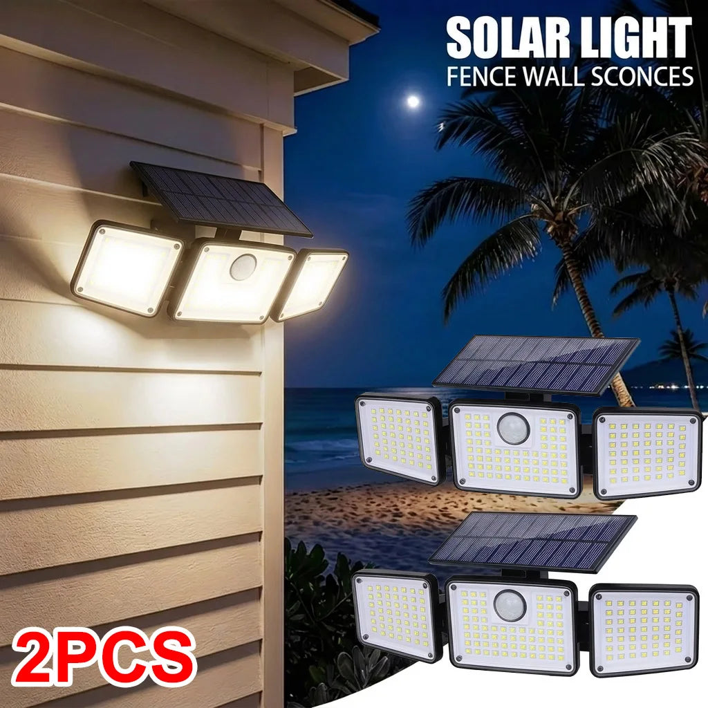 2PCS Solar Lights Outdoor Waterproof, 164LED Motion Sensor Outdoor Lights 3 Heads Security Flood Light 3 Lighting Mode for Patio