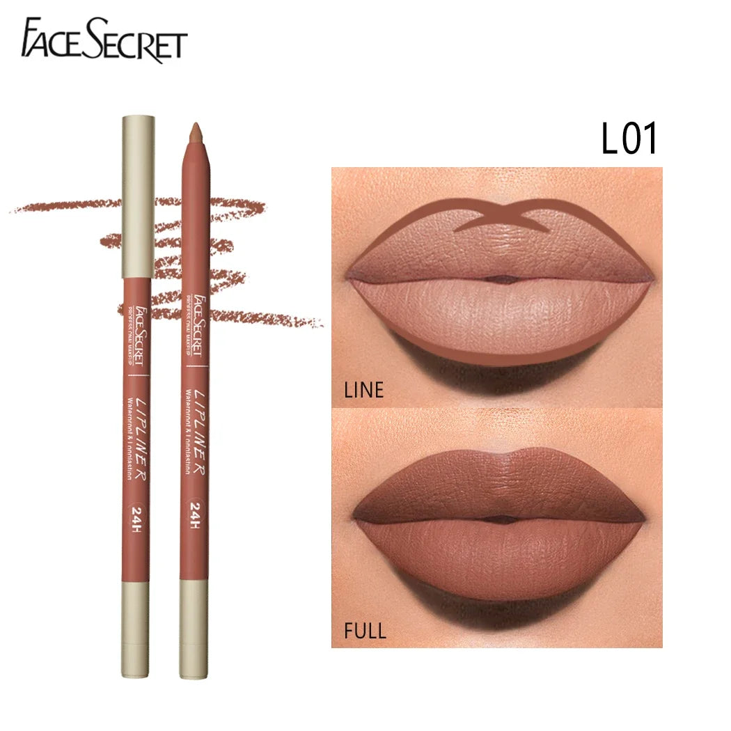 Face Secret waterproof matte lipliner pencil in L01, showing brown velvet lip swatch for long-lasting makeup results.