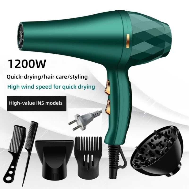 Dark green 1200W professional hair dryer with styling attachments, diffuser, and combs for quick-drying salon results.