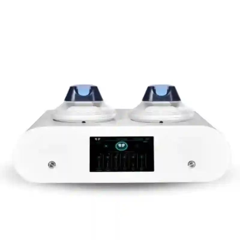 HIEMT EMS RF body sculpting machine with dual applicators, touchscreen display, and white sleek home use design.