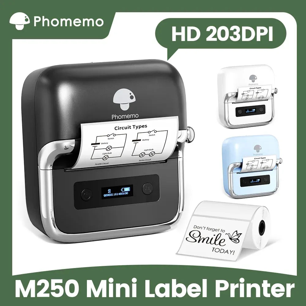Phomemo M250 mini thermal label printer, compact desktop design with control panel