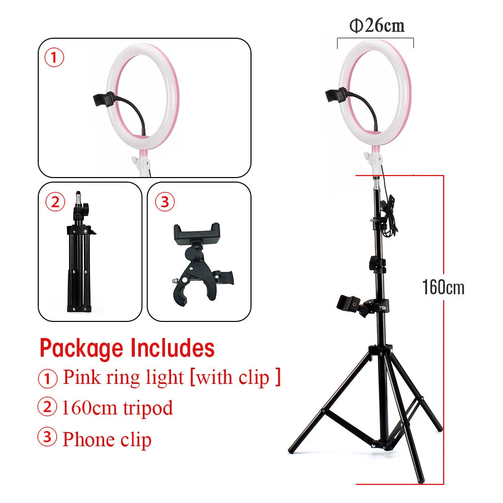 26cm pink LED ring light with phone holder and 160cm adjustable black tripod stand for video recording and lighting.
