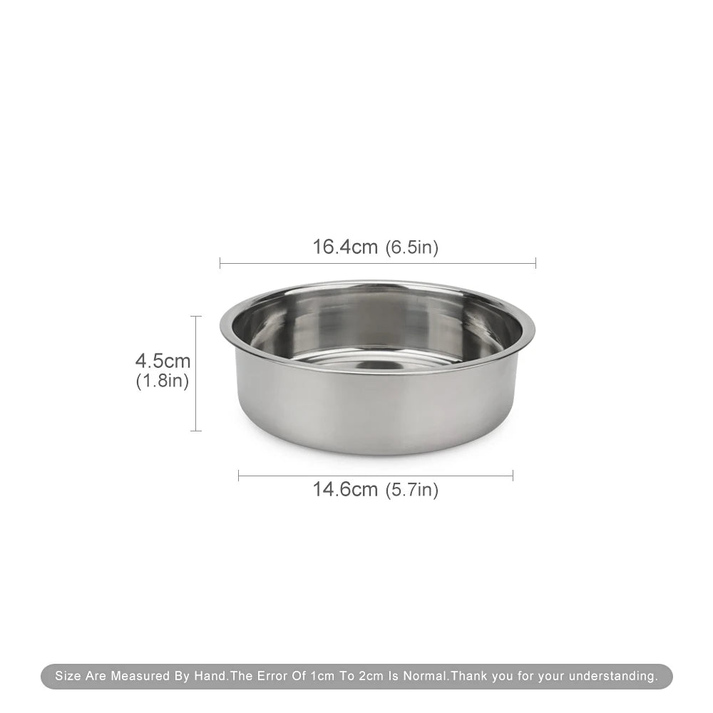 Round stainless steel dog and cat food bowl, durable silver metal water dish for small to medium pets, 16.4cm diameter.
