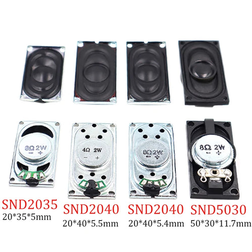 Mini speaker modules set with black cones and metal mounting frames, multiple sizes