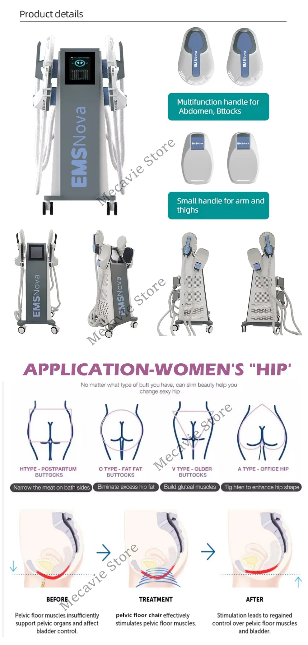 MECAVIE 6500W EMS RF body shaper with 4 handles for muscle building, toning abdomen, thighs, and pelvic floor wellness.
