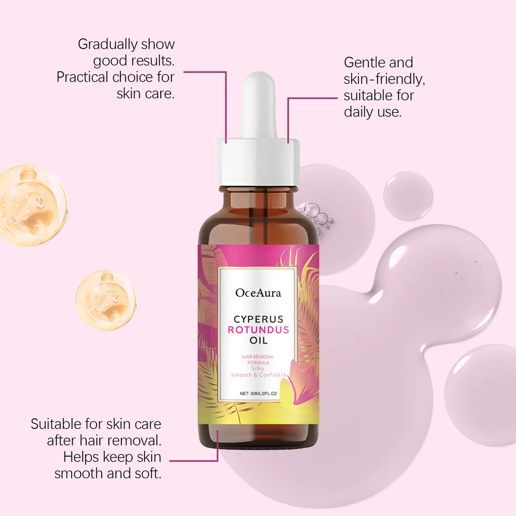 OceAura Cyperus Rotundus essential oil in a brown glass dropper bottle for post-hair removal skin moisturizing care.