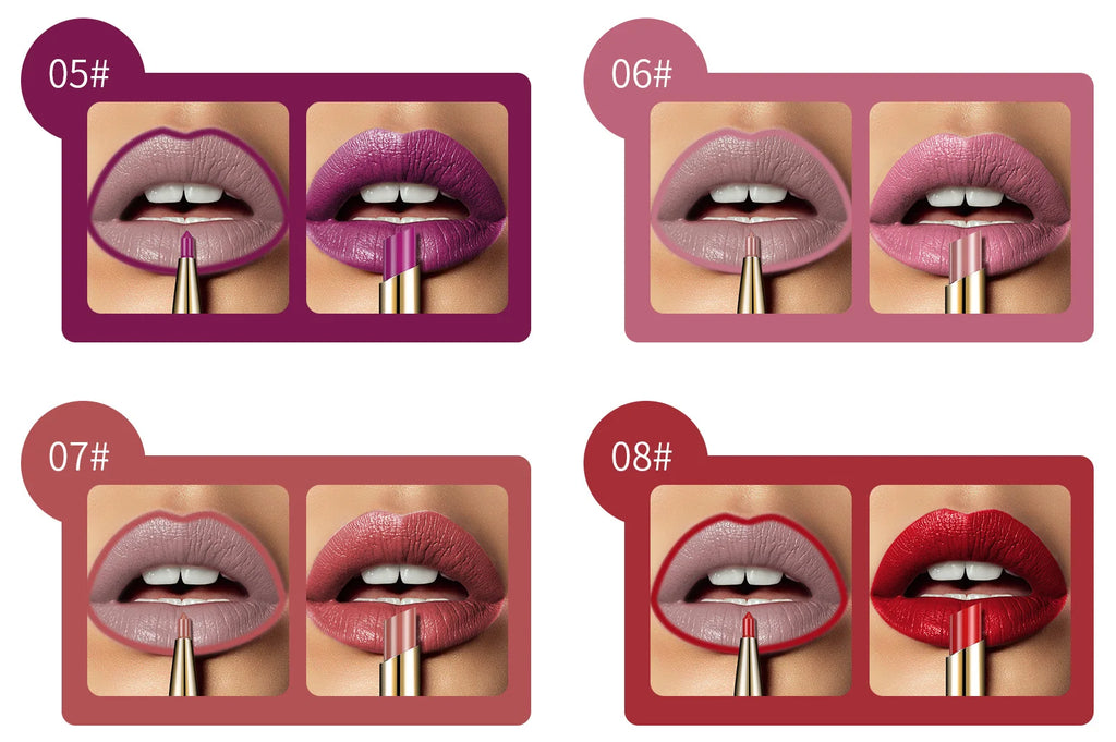 2-in-1 waterproof matte lipstick and lip liner pencil set in nude, pink, and red shades for long-lasting lip makeup.