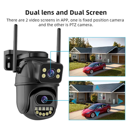 Black dual-lens PTZ security camera showing dual-screen app view and two angle camera feeds