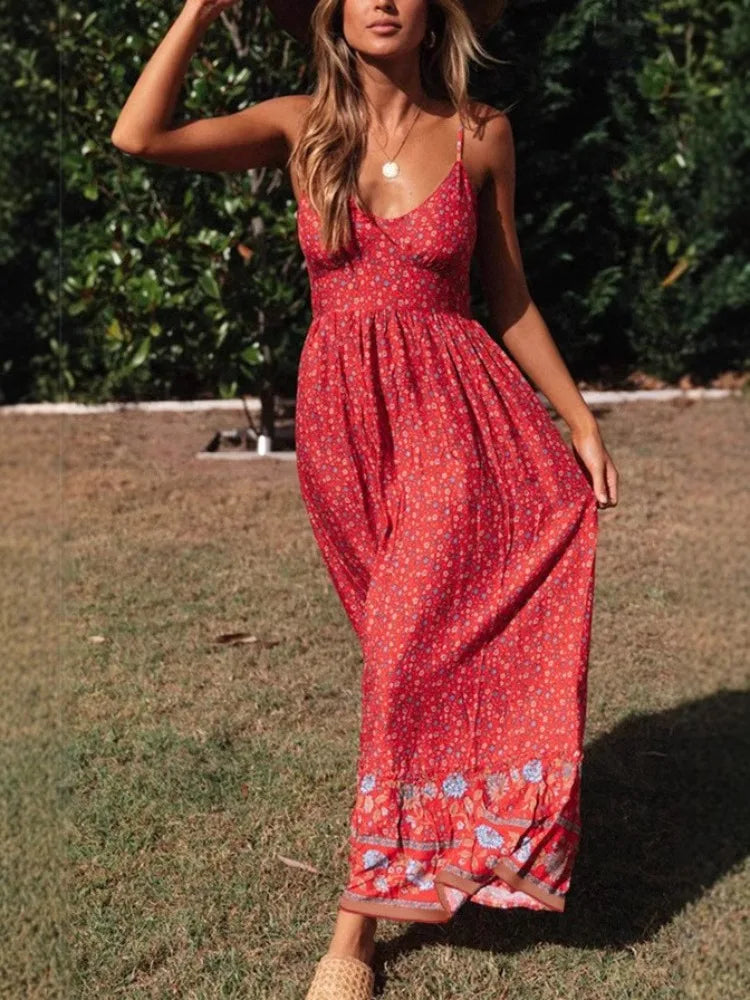 Happie Queens Women Fashion Strapless Bohemian Maxi Dress Lady Summer Vacation Beach Boho Dress Robe