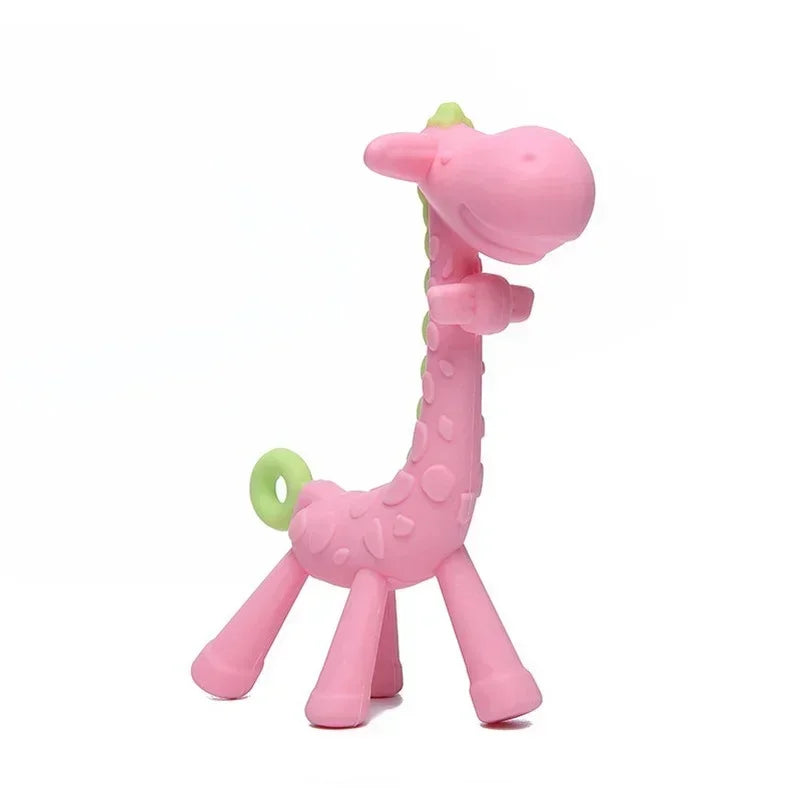 Pink silicone giraffe baby teething toy for soothing relief.