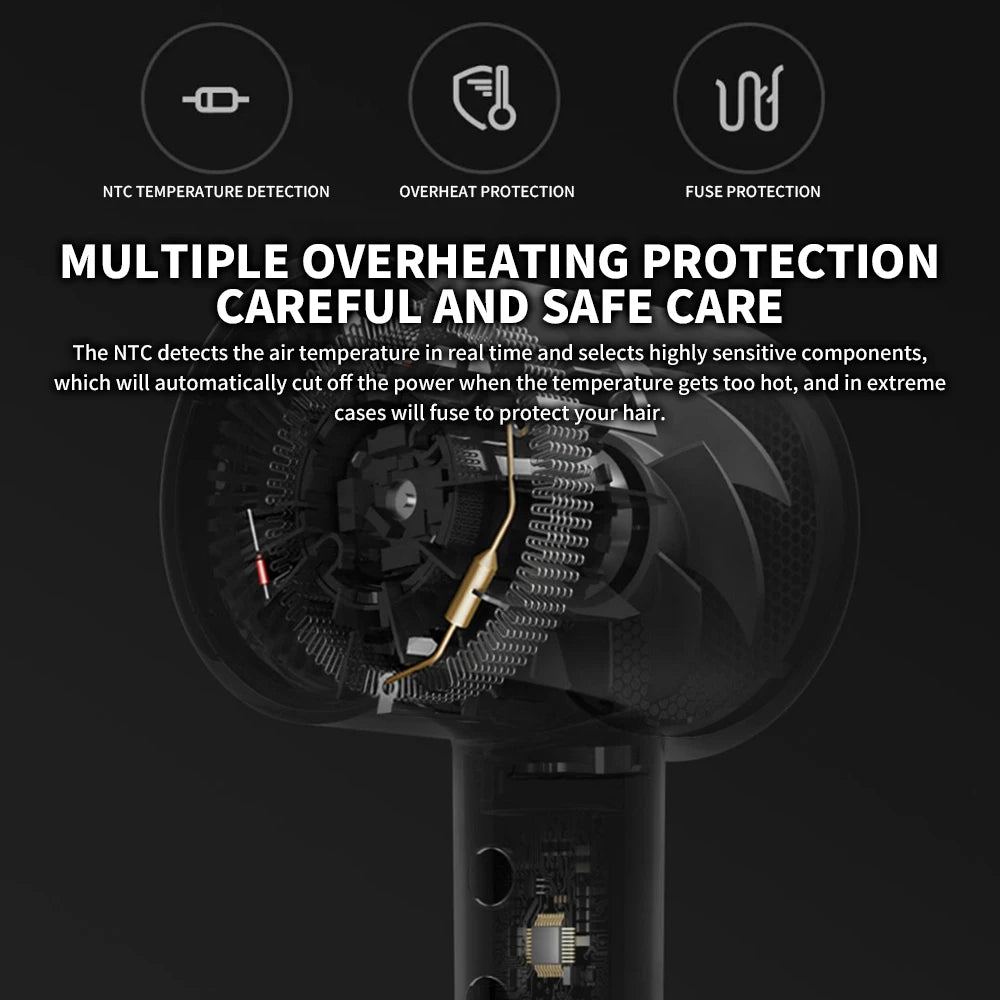 Xiaomi Mijia H300 hair dryer internal NTC overheating protection and safe motor design for professional hair care.