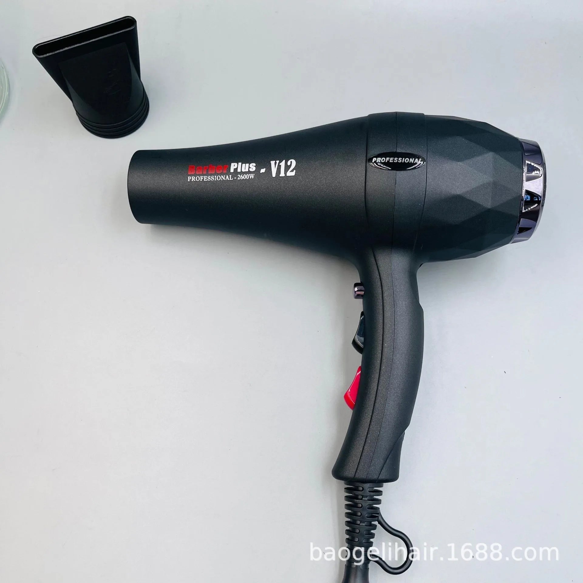 Black 2600W professional hair dryer with concentrator nozzle, negative ion technology, and salon-grade design.
