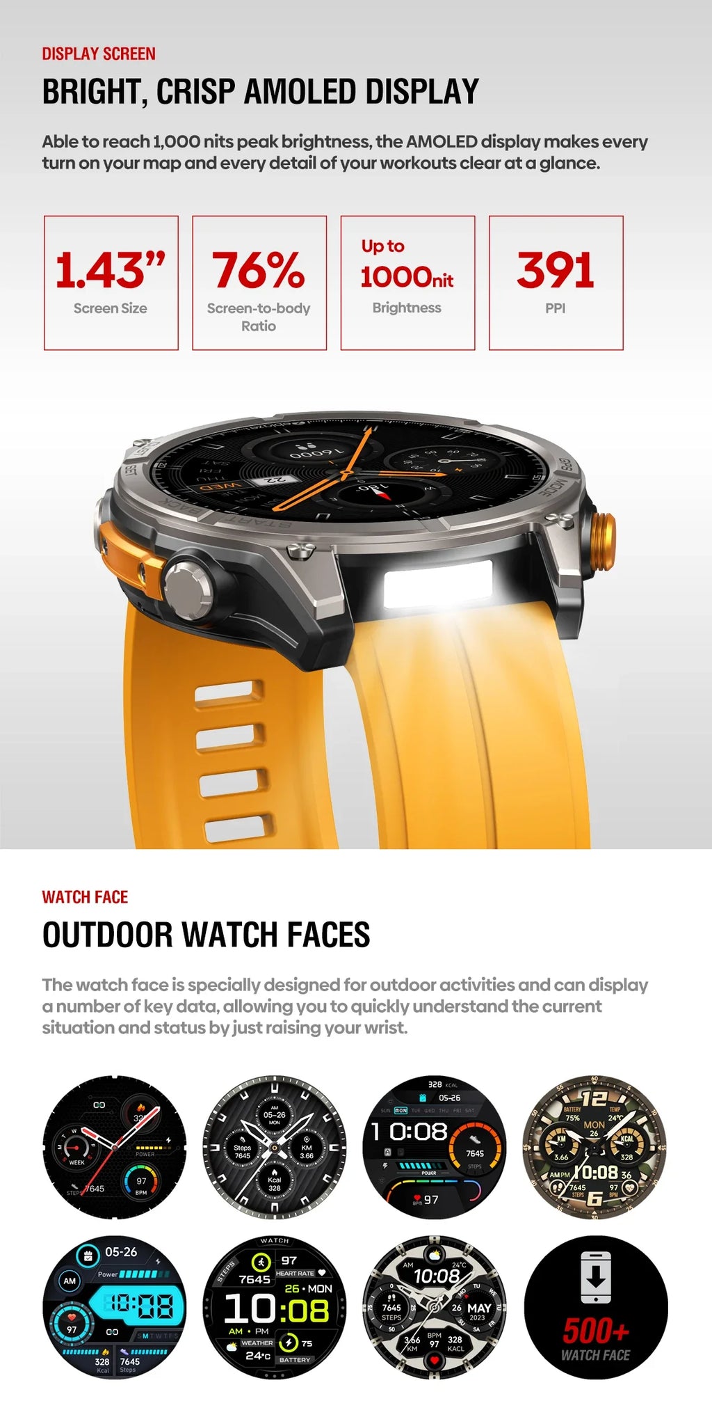 Stratos 4 GPS Smart Watch 1.43 AMOLED Display Built-in Compass Barometric Altimeter Flashlight Voice Call Smartwatch