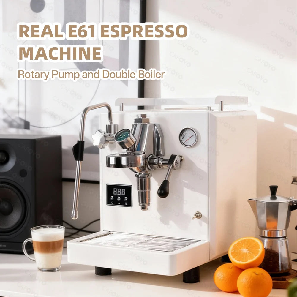 Cafovo white E61 espresso machine with chrome group head, dual boiler, rotary pump, and digital temperature display.