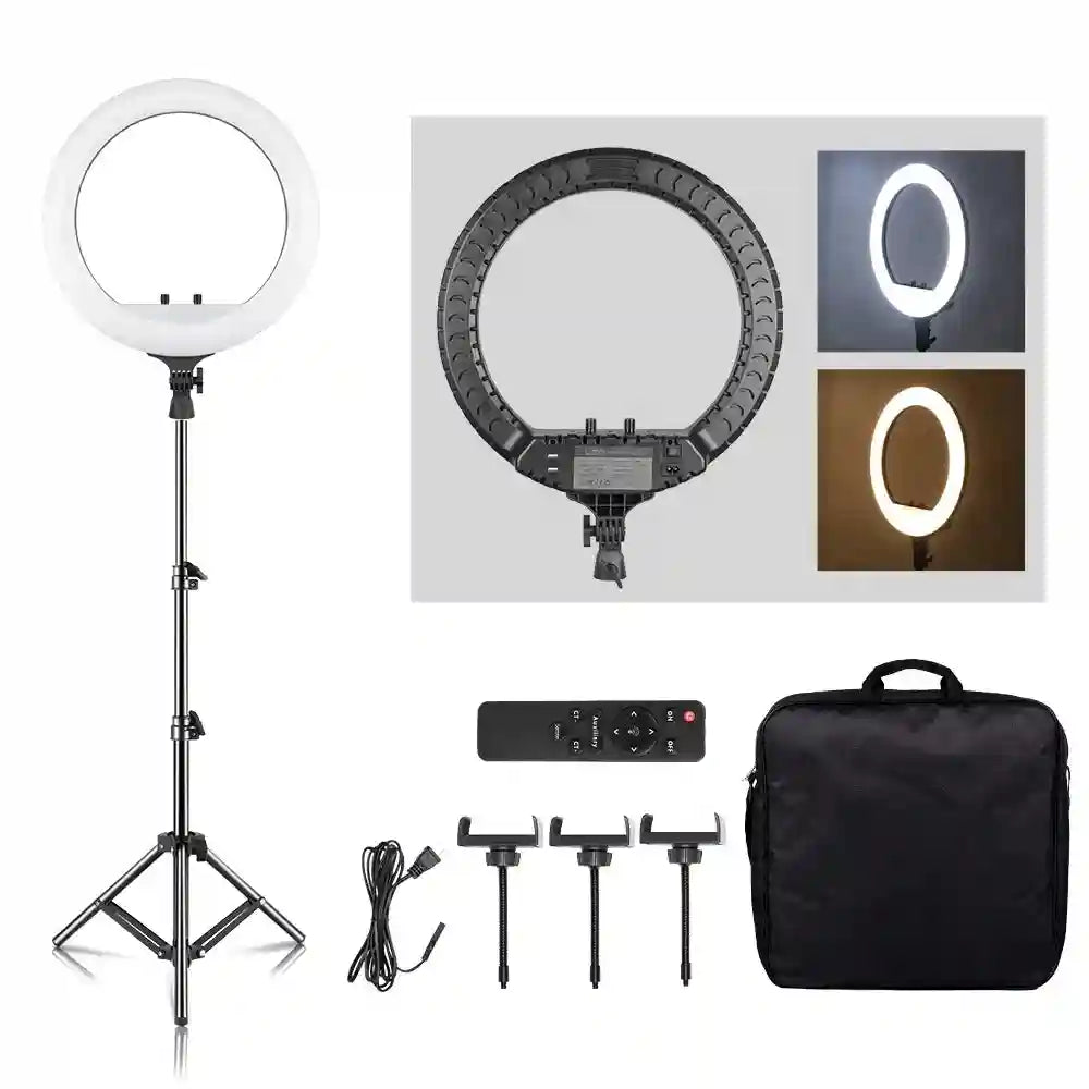 Black ring light with tripod stand, three phone mounts, remote, and carry bag for photography and video lighting.