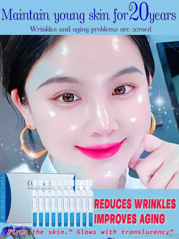 A woman with glowing skin beside a box of single-use serum ampoules with blue and white packaging.