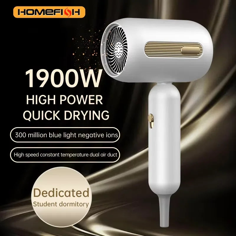 White 1900W F41 high-speed hair dryer with gold accents, negative ions, and quick-dry technology for home or travel.