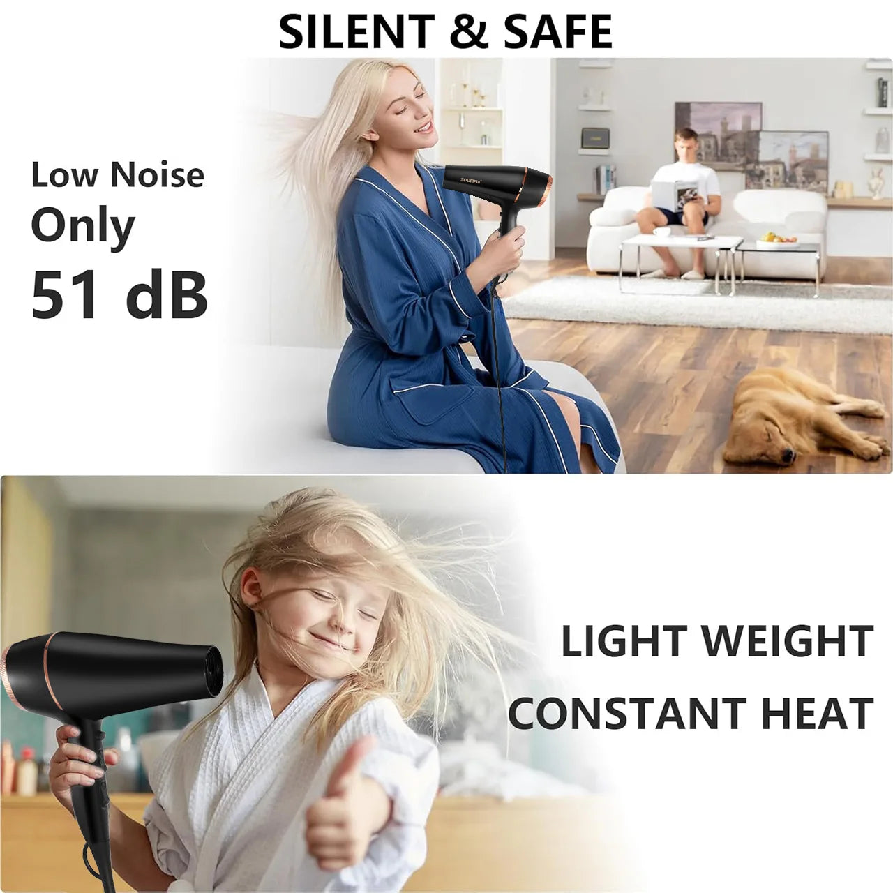 Black professional salon hair dryer with rose gold trim, 6-level settings, lightweight design, and quiet 51dB motor.