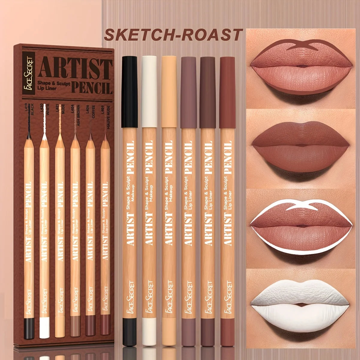 6-piece matte nude lip liner set in wooden pencils with velvety texture and waterproof long-lasting formula.
