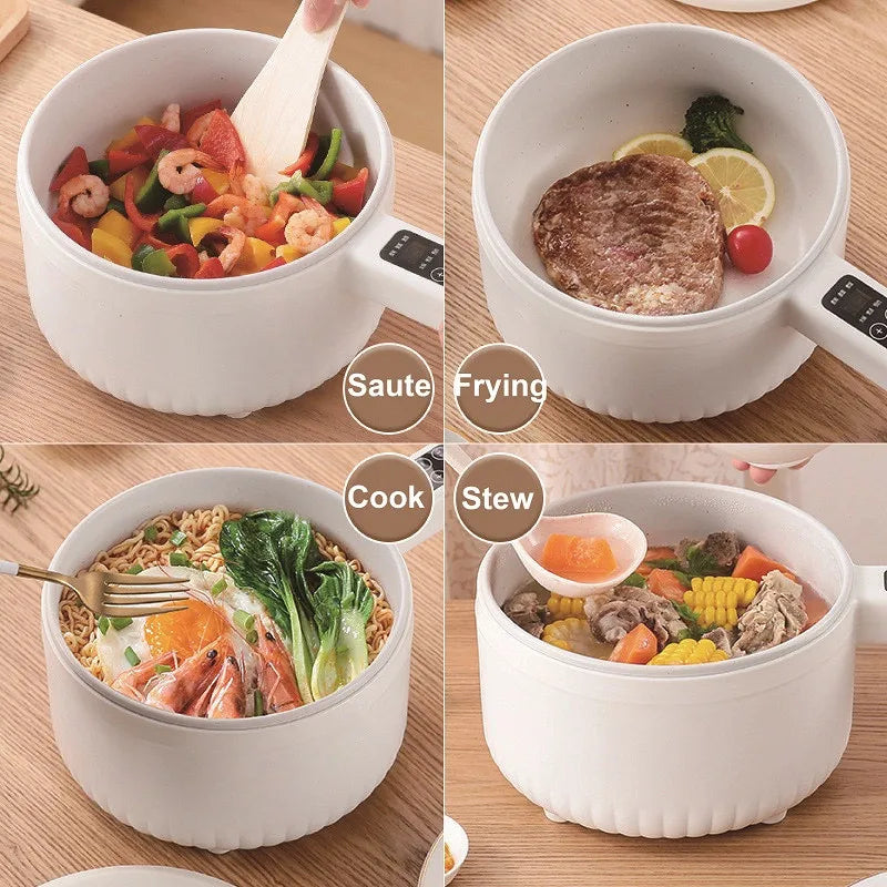 Multifunctional electric cooking pot with handle, showing mixed food meals inside
