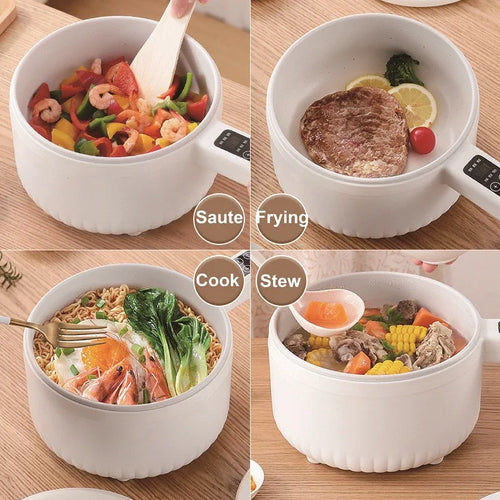 Multifunctional electric cooking pot with handle, showing mixed food meals inside