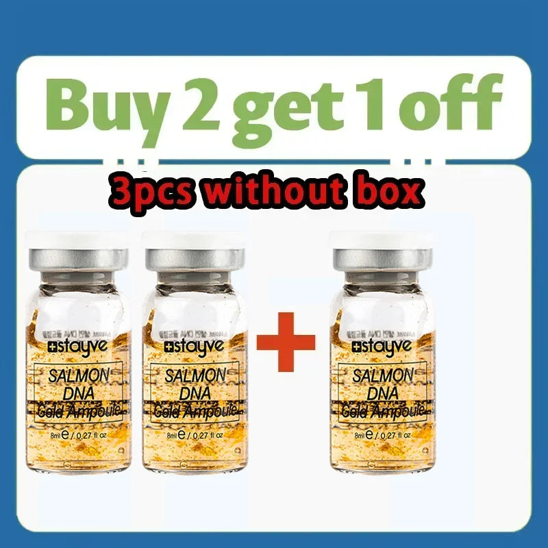 Salmon DNA golden ampoule serum kit: three glass vials with white caps, amber liquid