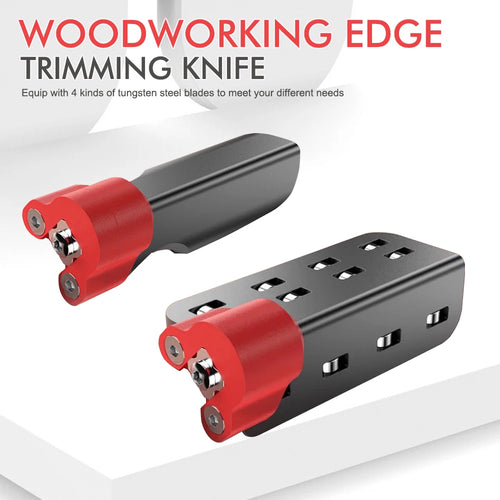 Woodworking edge trimming knife with red cutter, black handle, and multi-slot blade plate