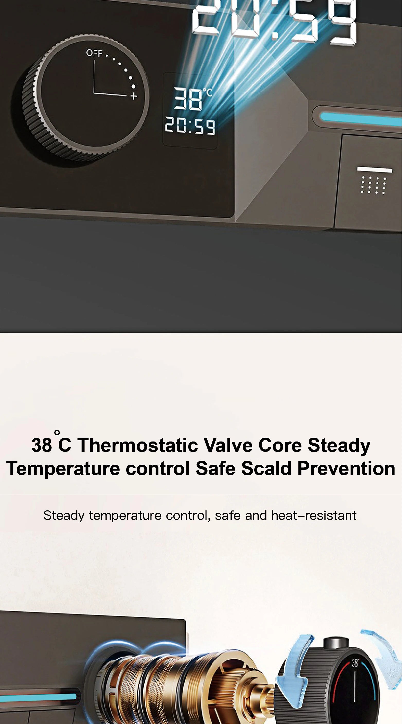 Gunmetal Gray Ceiling Mounted 4-Function Waterfall Shower System with Embedded Brass Thermostatic LED Display Body for Bathroom
