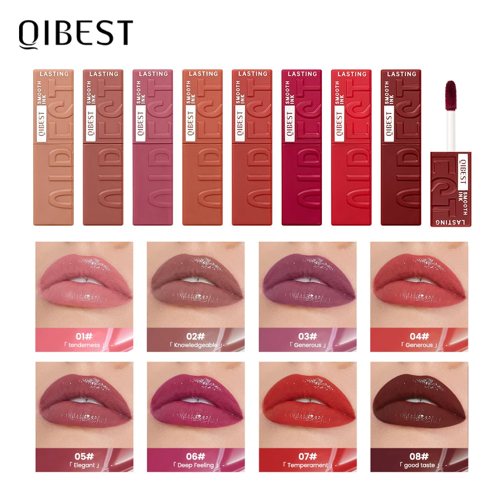 QIBEST 8-color watery lip gloss set featuring long-lasting, moisturizing mirror-finish liquid lip glaze swatches.