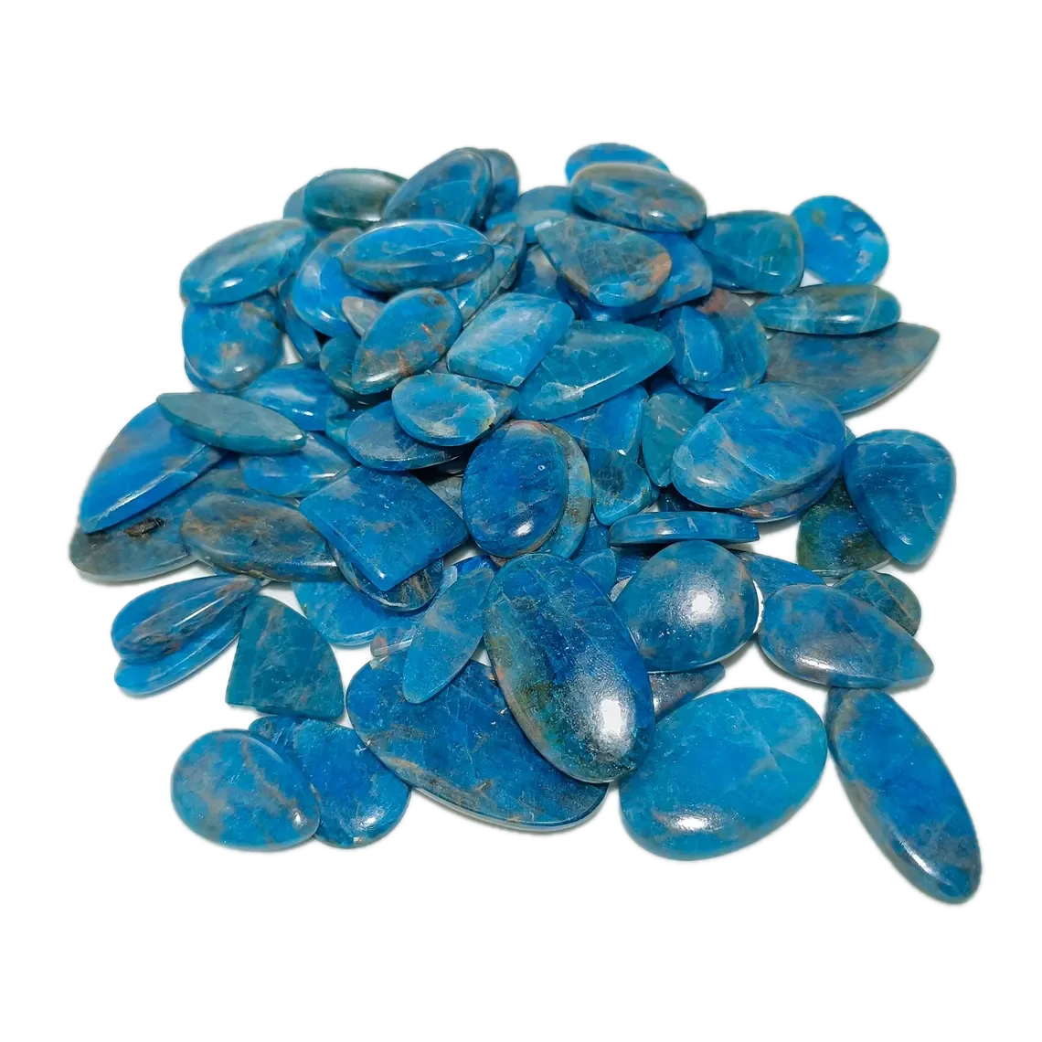 Apatite cabochon gemstone lot, ocean-blue oval and teardrop stones