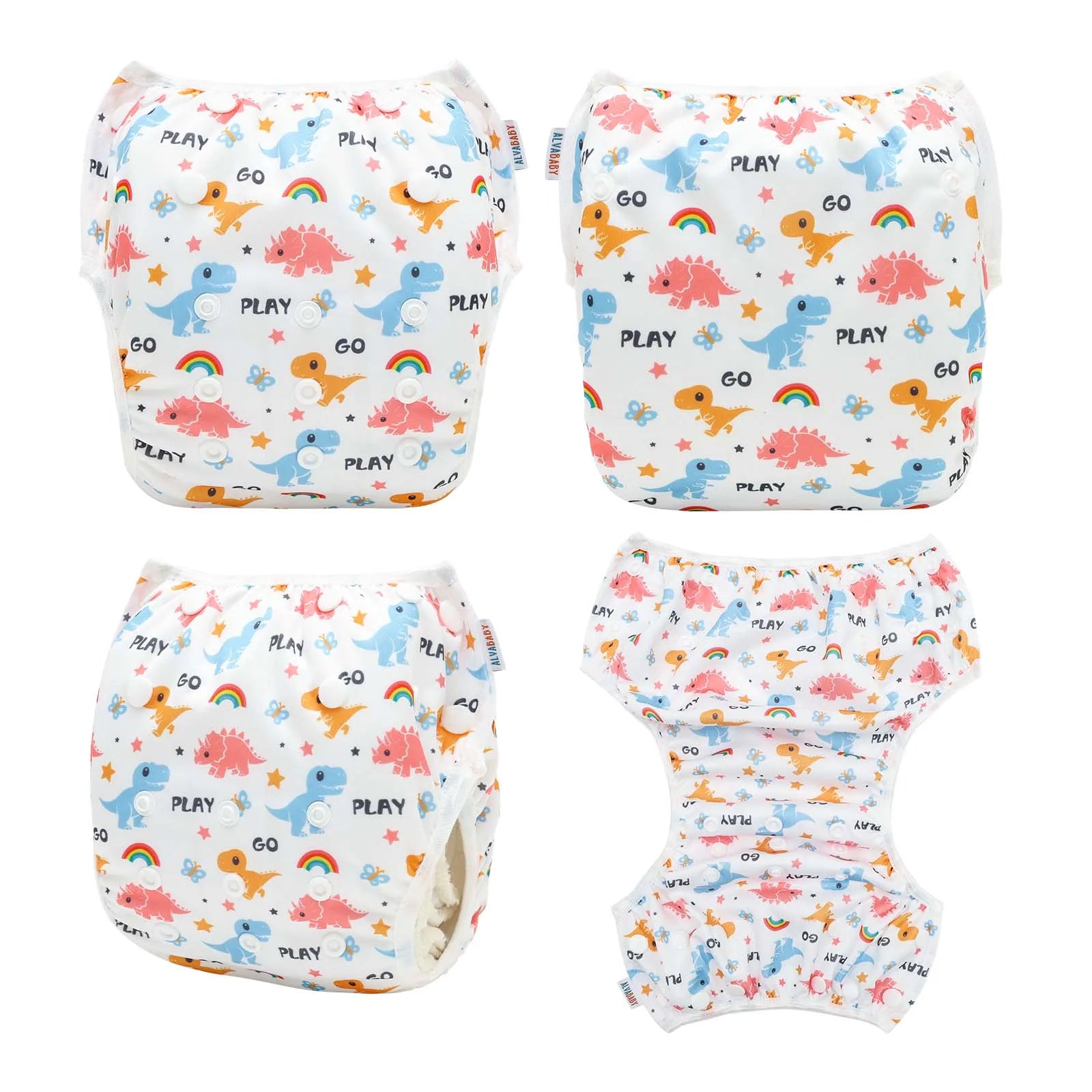 Alvababy reusable cloth diaper with dinosaur and rainbow print for baby care. Adjustable snap design.