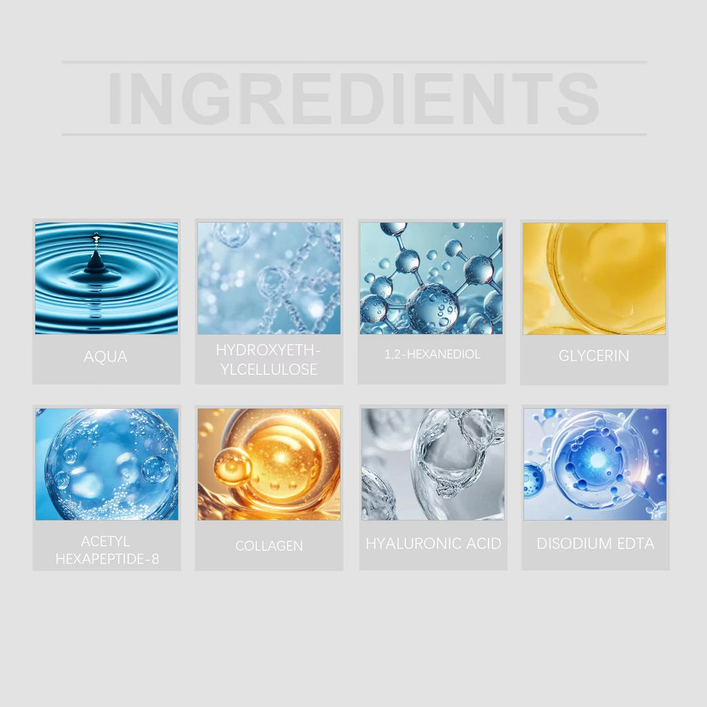 Collagen Anti-Wrinkle Essence Set: Hydrating, firming, and pore-cleaning skincare ingredients chart.