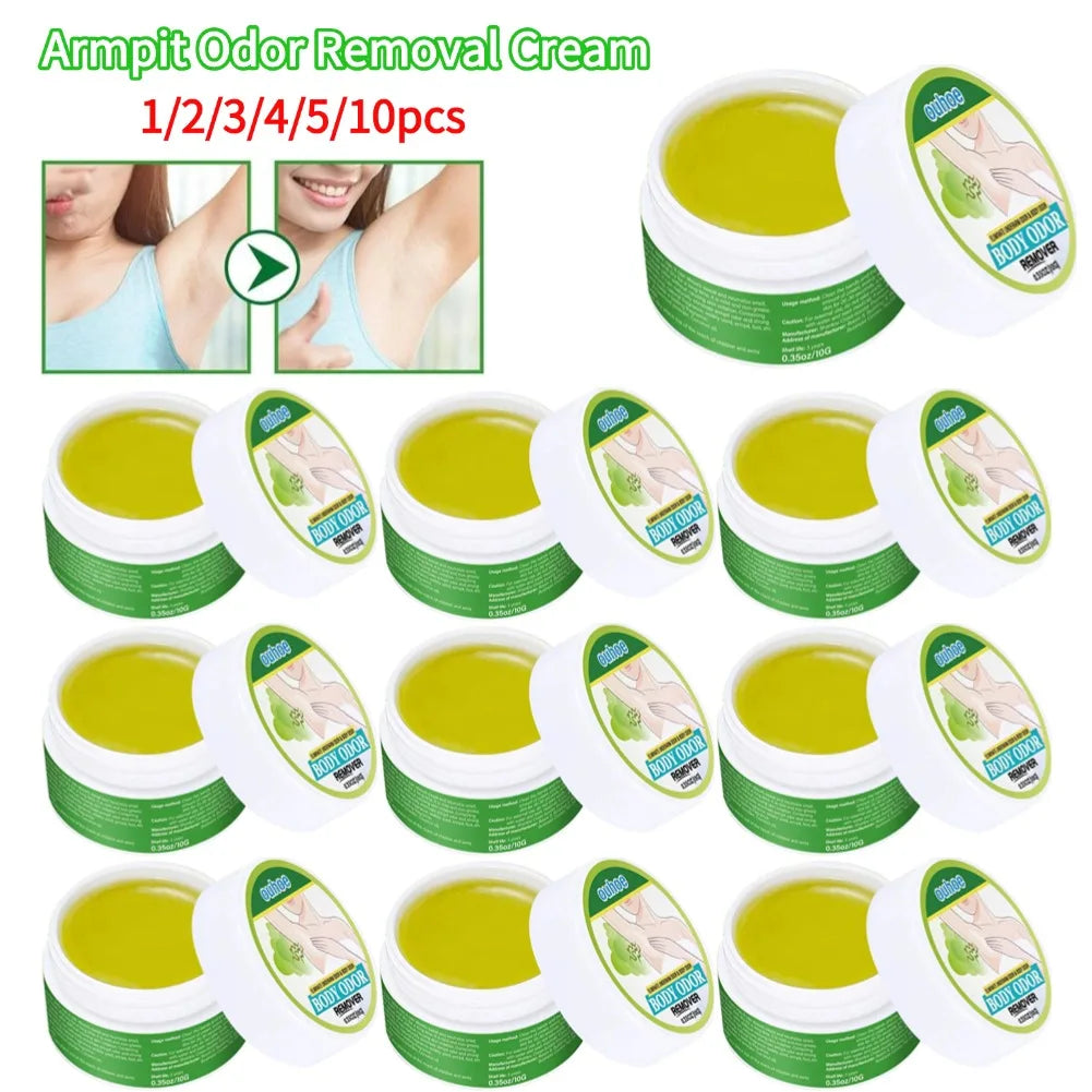 Natural green underarm deodorant cream in white jars. Smooth texture, herbal odor removal balm for summer sweat care.