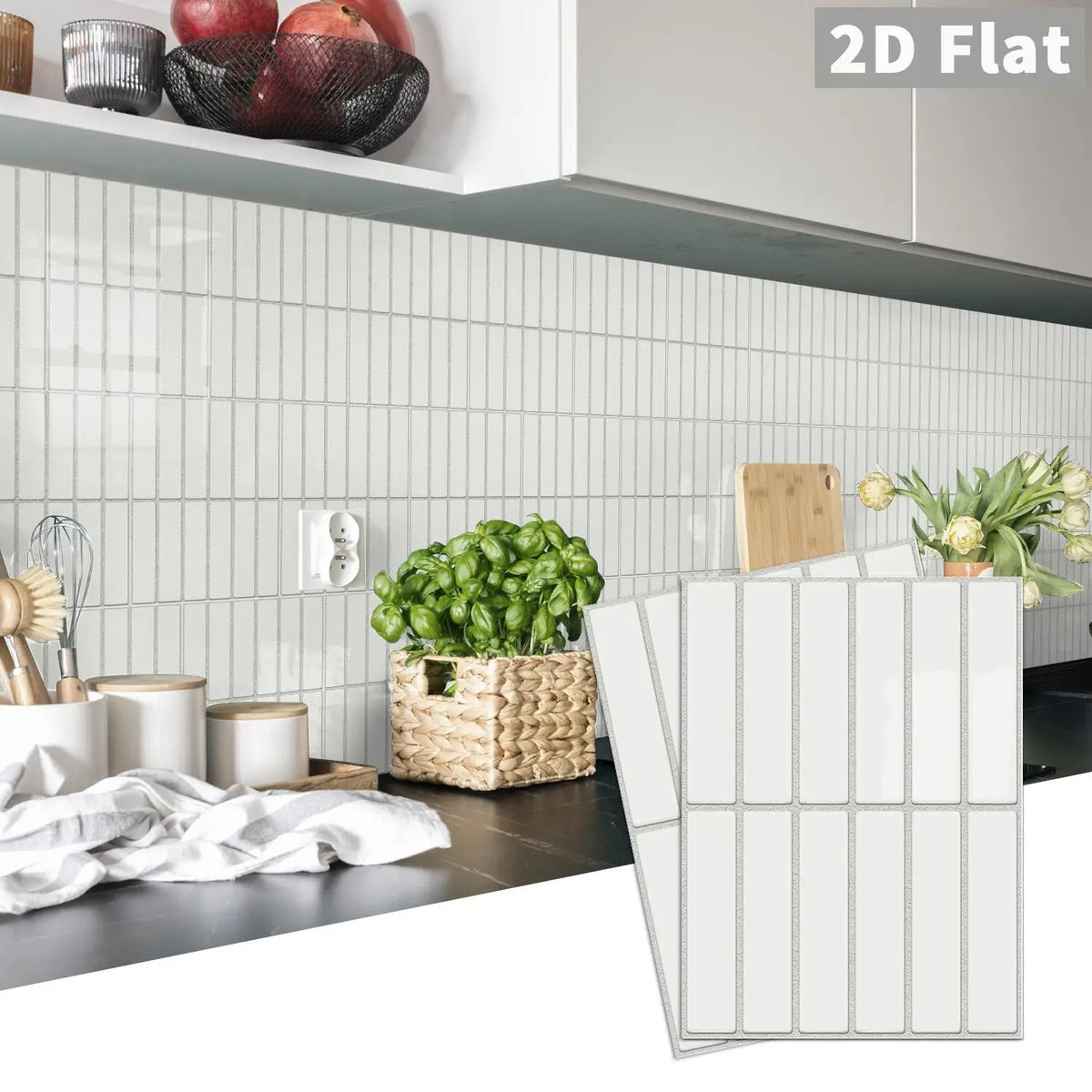 Self-adhesive peel-and-stick tile decals in white rectangular grid pattern