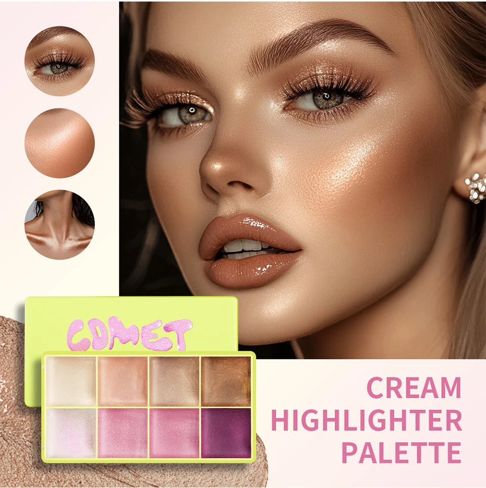 Tidesmit 8 color cream highlighter palette shade swatches for shimmering face makeup and brightening